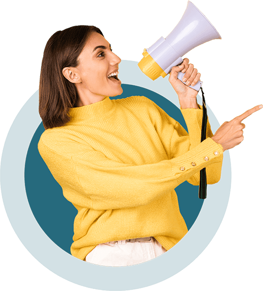 Young Woman Yellow Warm Sweater With Megaphone Speaker Screaming Left Pointing Index Finger