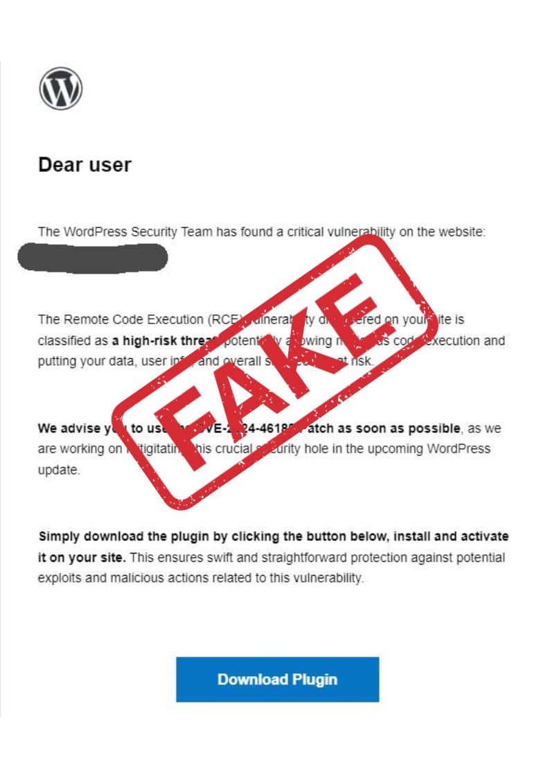 Fake WordPress User Security Scam Email