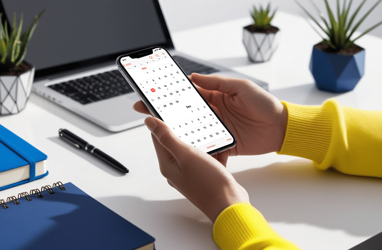 A person holding a phone looking at calendar