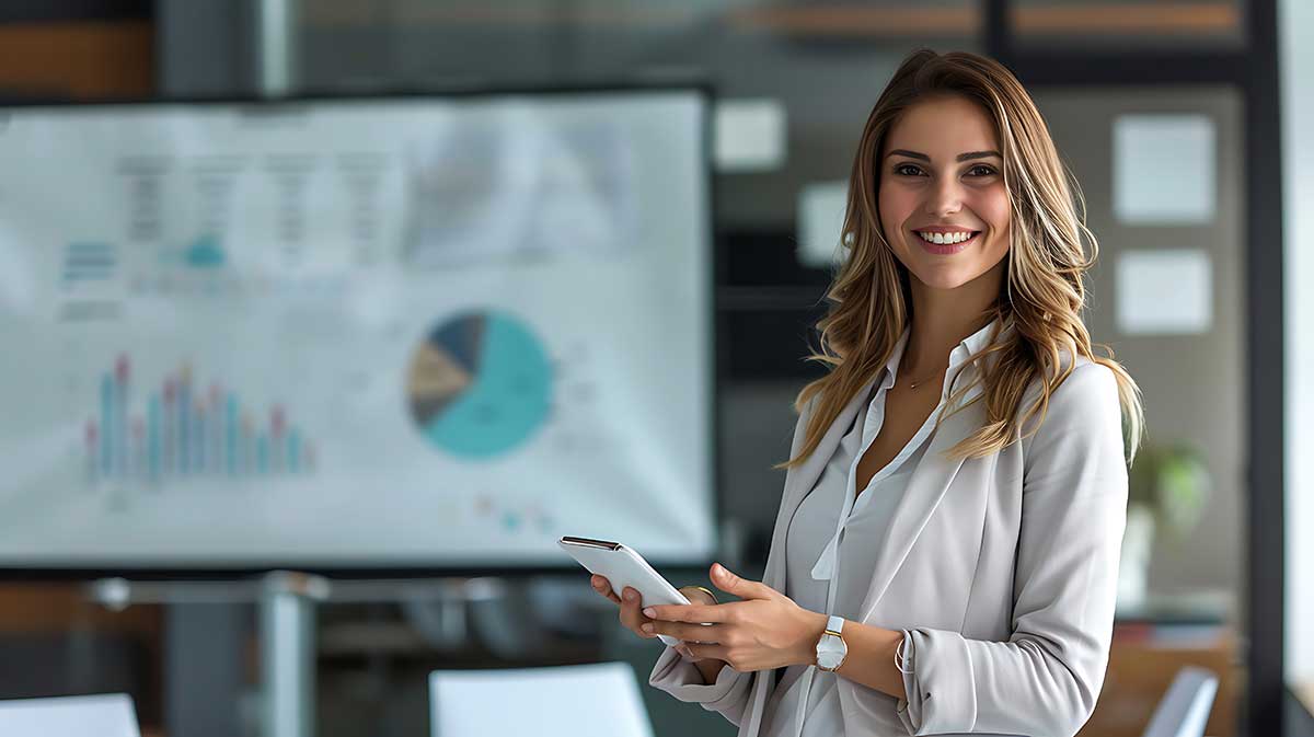 woman holding device creating marketing strategy