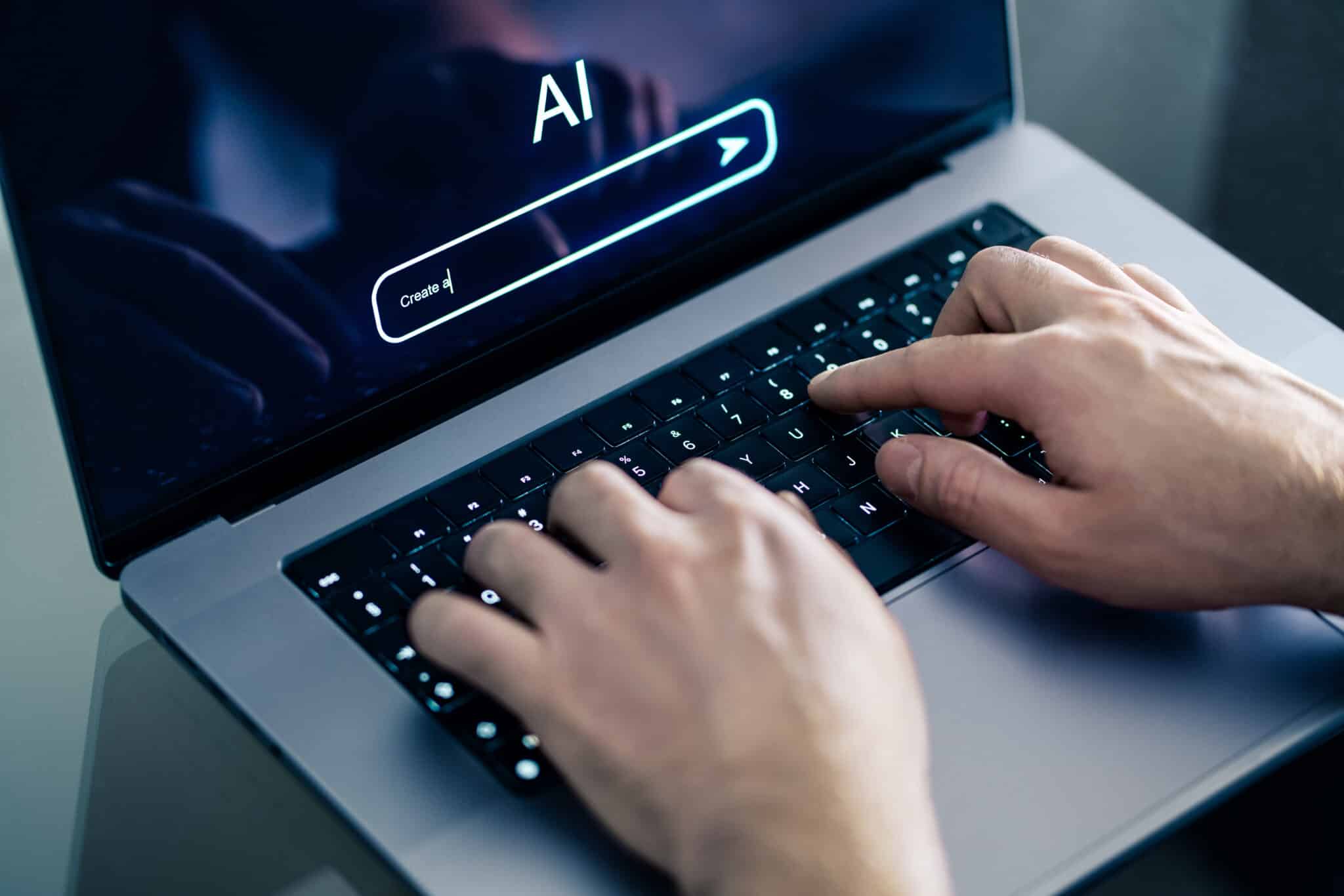 ai chat prompt. artificial intelligence and digital technology. man using chatbot with laptop at work. creative content. generate text or image. command input on website. bot assistant conversation.