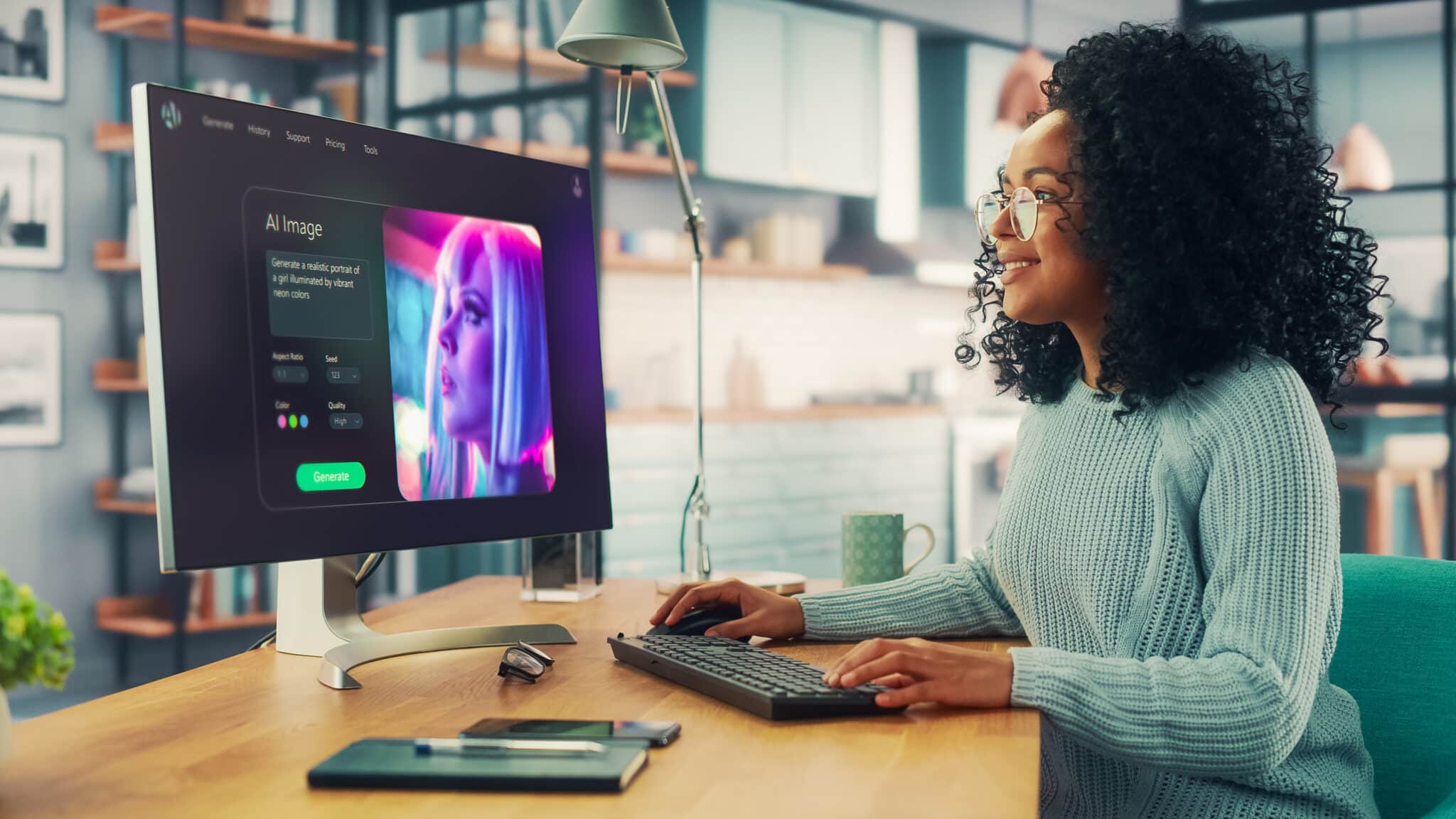 woman operates a computer with an ai image generation interface. screen displays an ai generated portrait. the user interacts with the technology in an office environment.