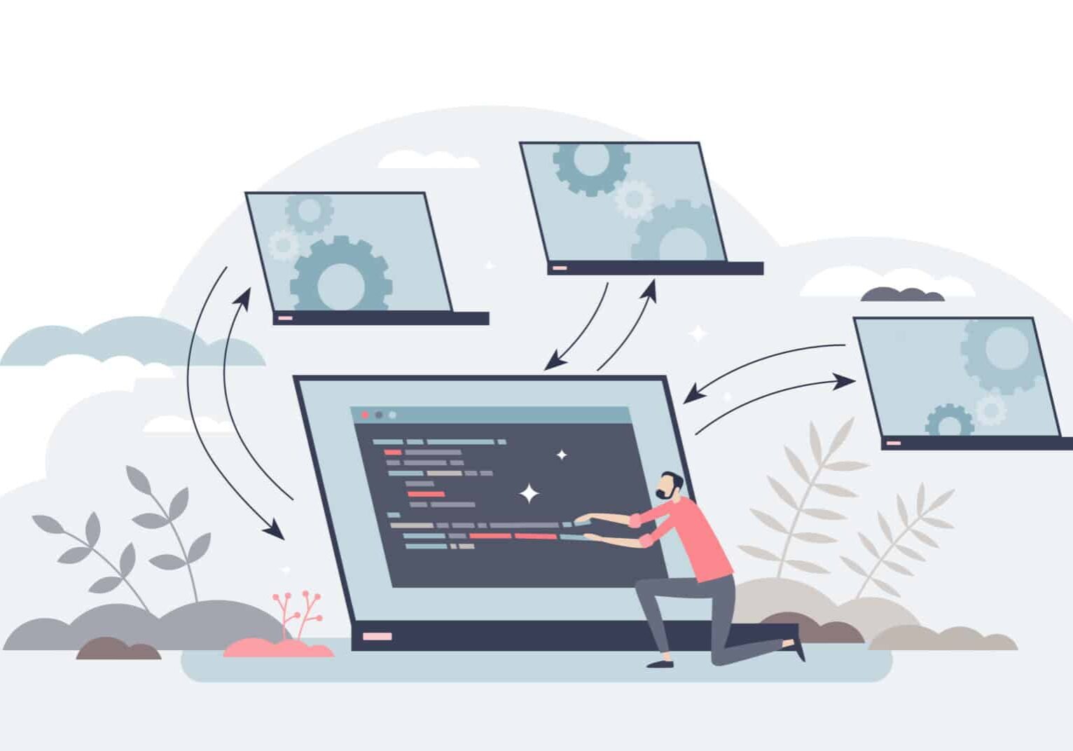 Distributed Systems As File Storage In Different Network Tiny Person Concept Transparent Background Multiple Computer Nodes And Managing Application For Information Integration Illustration