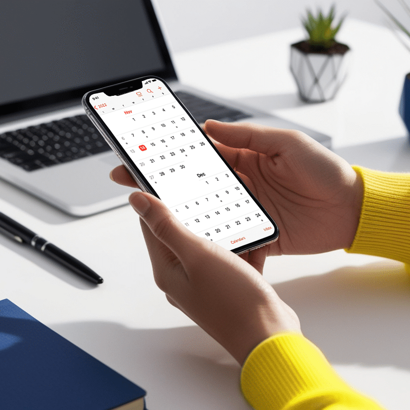 A person holding a phone looking at calendar