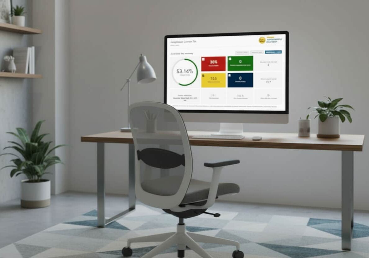 small city office with accessibility checker on screen